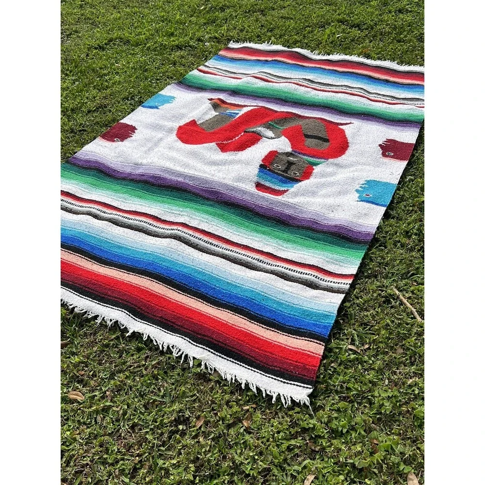Vintage Wool Multicolor‎ Aztec Striped Throw Blanket 77